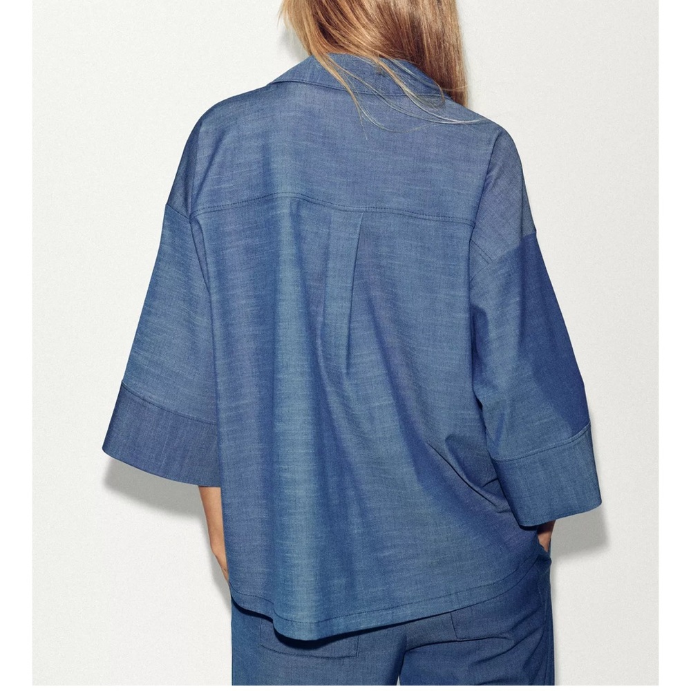 Zara 2 Piece Matching Set Floral Kimono Shirt & Wide Leg Pants Denim Blue NWT - Picture 5 of 13